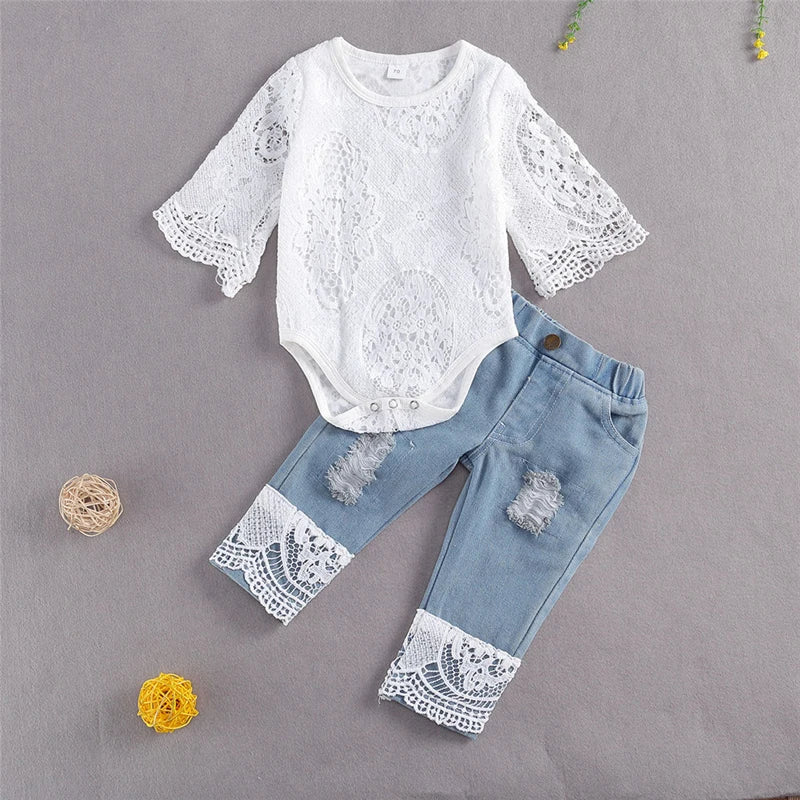 lioraitiin New 0-24M Baby Girls Long Sleeve Lace Romper Suit Triangle