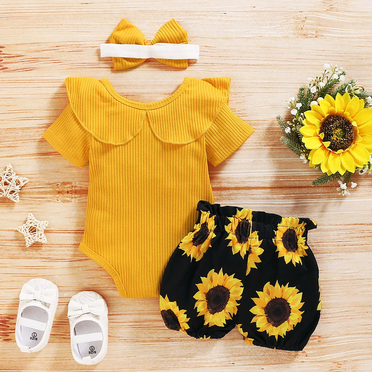 Lioraitiin 0-24M Newborn Infant Baby Girl Set Short Sleeve Yellow