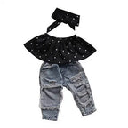 New Fashion Toddler Baby Girls Black Blouse Top Hole Denim Pants