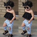 New Fashion Toddler Baby Girls Black Blouse Top Hole Denim Pants