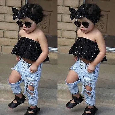 New Fashion Toddler Baby Girls Black Blouse Top Hole Denim Pants