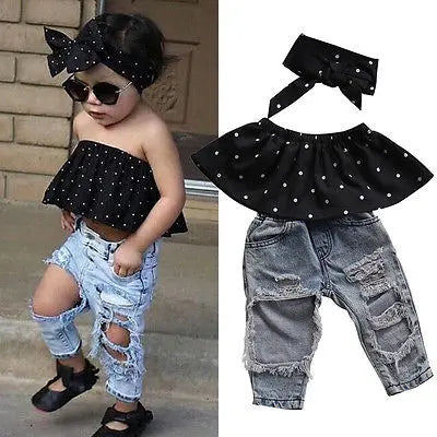 New Fashion Toddler Baby Girls Black Blouse Top Hole Denim Pants