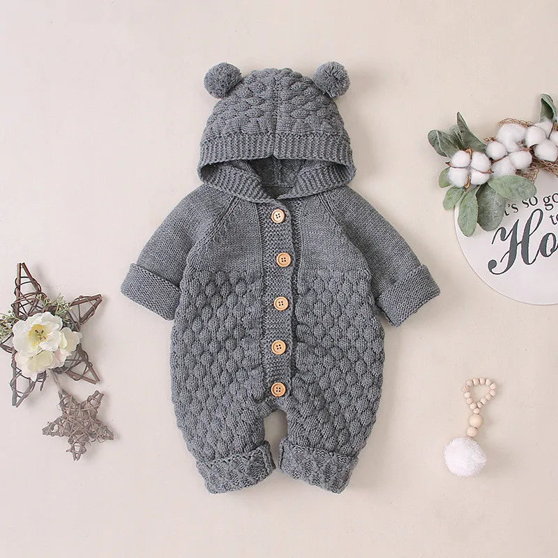 Pudcoco US Stock Baby Warm Rompers Knitting Cotton Soft Hooded 3D