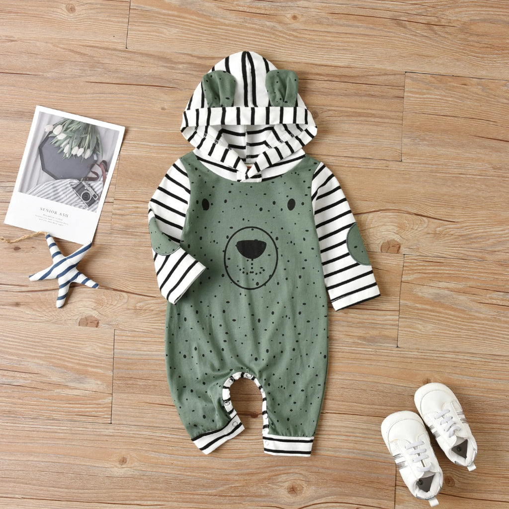 Lioraitiin 0-24M Baby Boy Girl Cartoon Rompers Dots Stripe Hooded