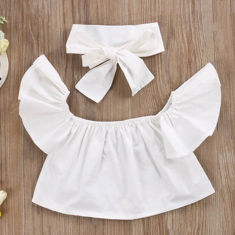 US Stock Fashion Toddler Girls Kids 2-6 Years Set Off Shoulder Tops