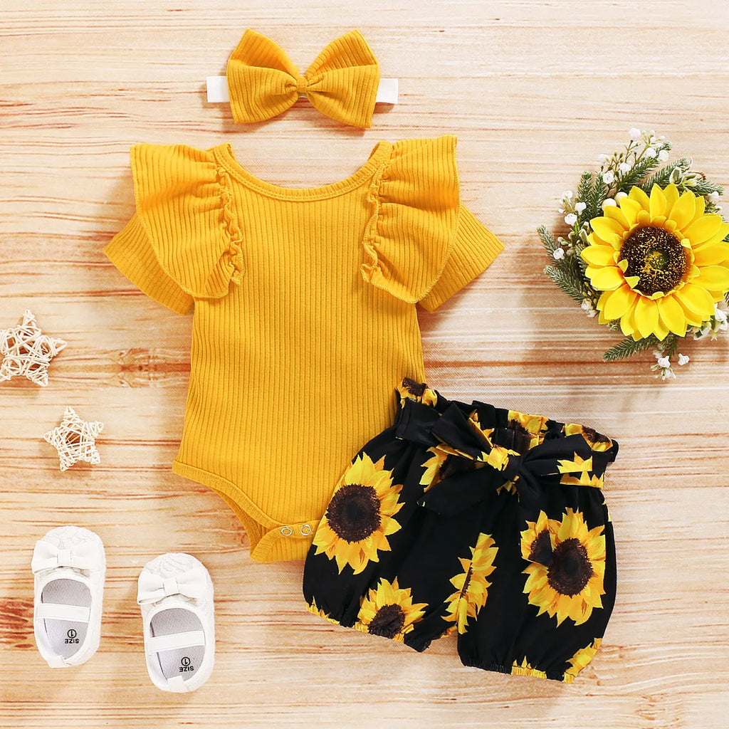 Lioraitiin 0-24M Newborn Infant Baby Girl Set Short Sleeve Yellow