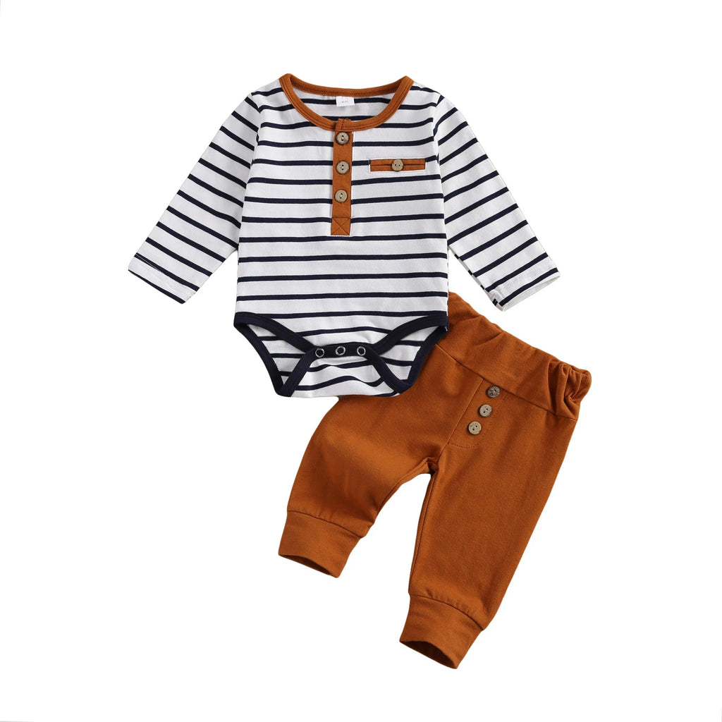 lioraitiin 2 Pcs Baby Boy Girl Suit Round Neck Long Sleeve Stripe