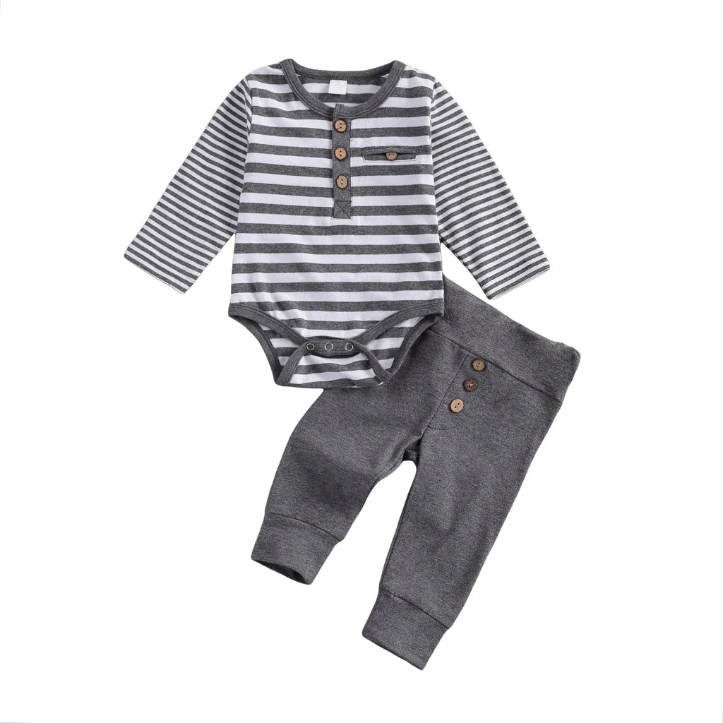 lioraitiin 2 Pcs Baby Boy Girl Suit Round Neck Long Sleeve Stripe