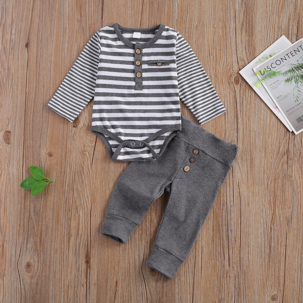 lioraitiin 2 Pcs Baby Boy Girl Suit Round Neck Long Sleeve Stripe