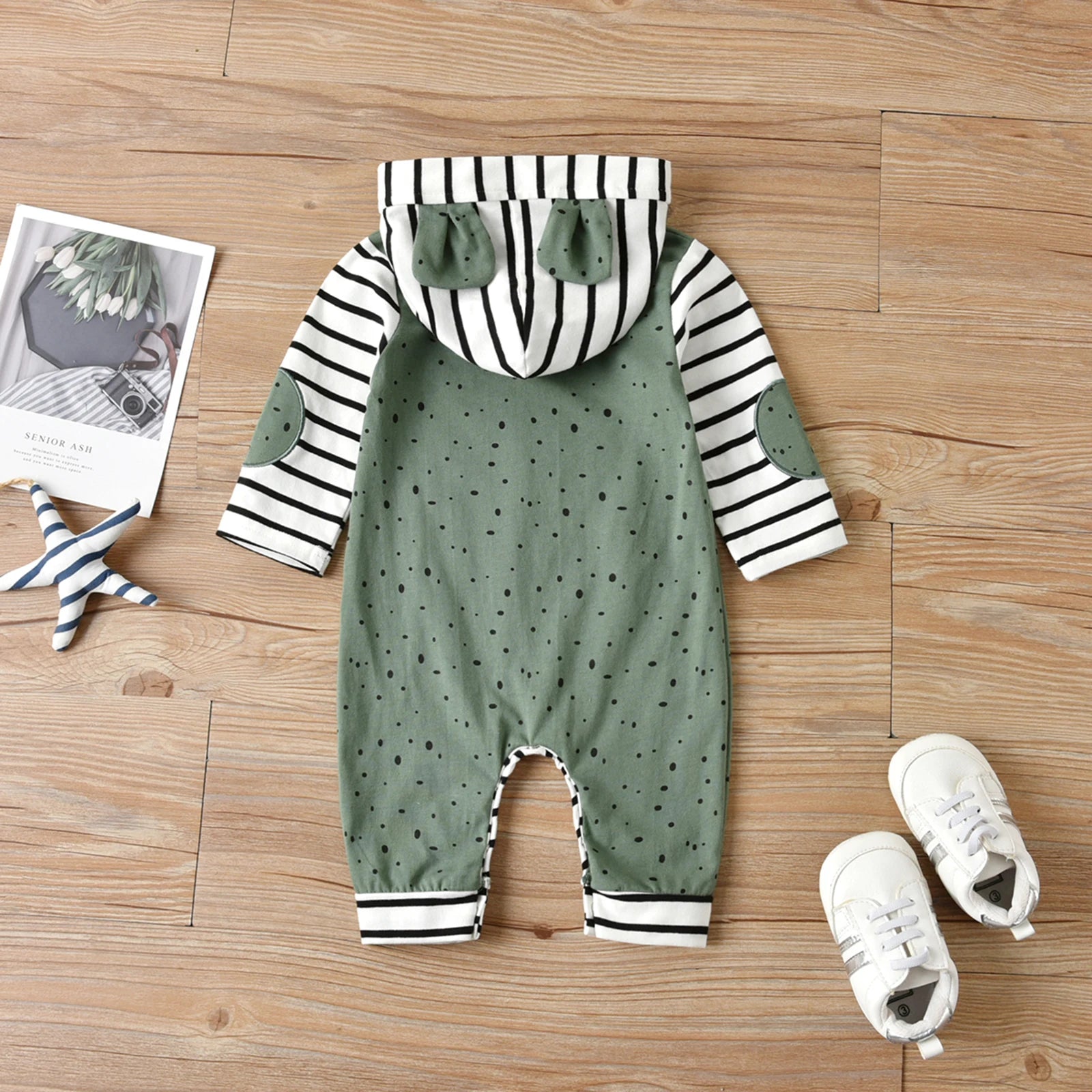 Lioraitiin 0-24M Baby Boy Girl Cartoon Rompers Dots Stripe Hooded