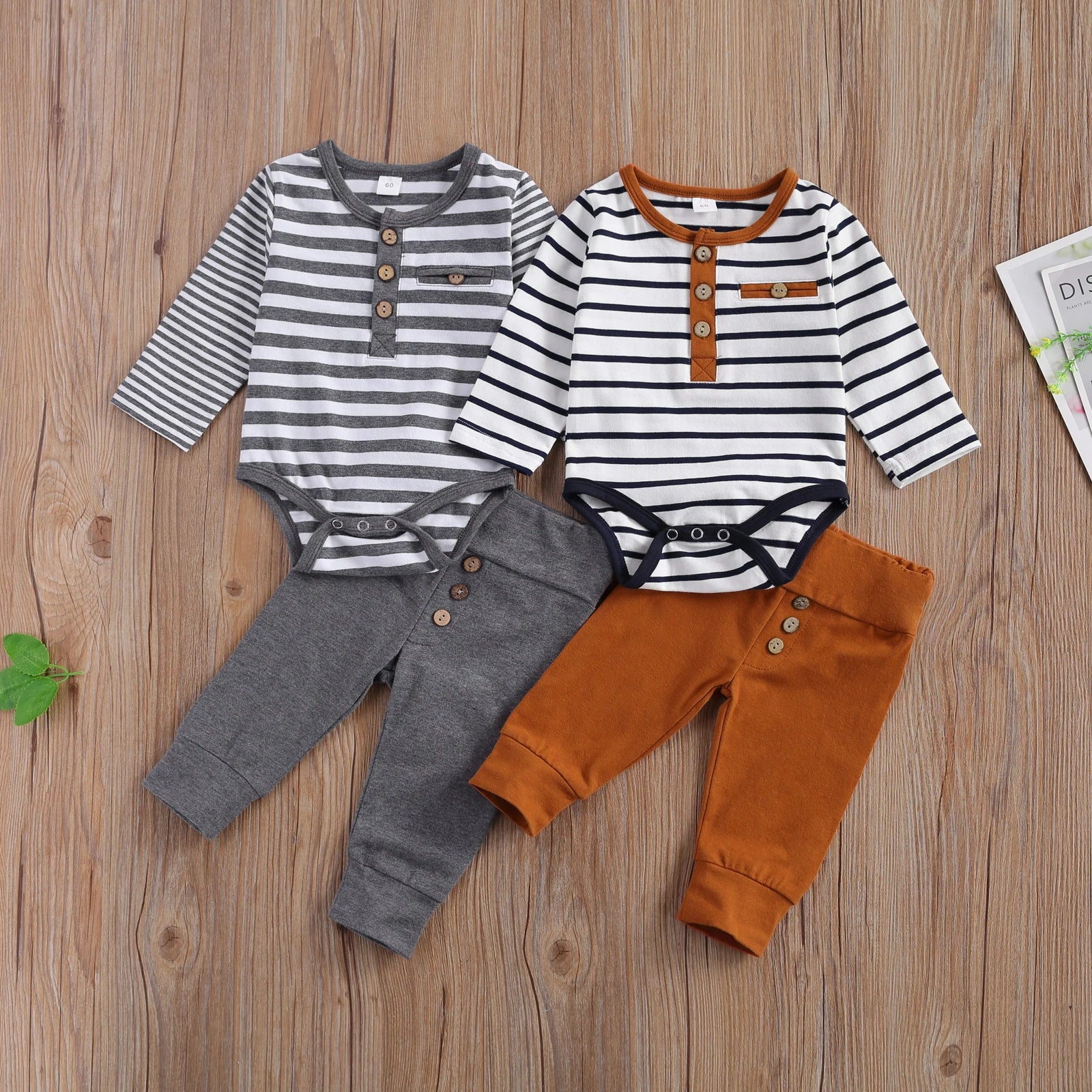 lioraitiin 2 Pcs Baby Boy Girl Suit Round Neck Long Sleeve Stripe