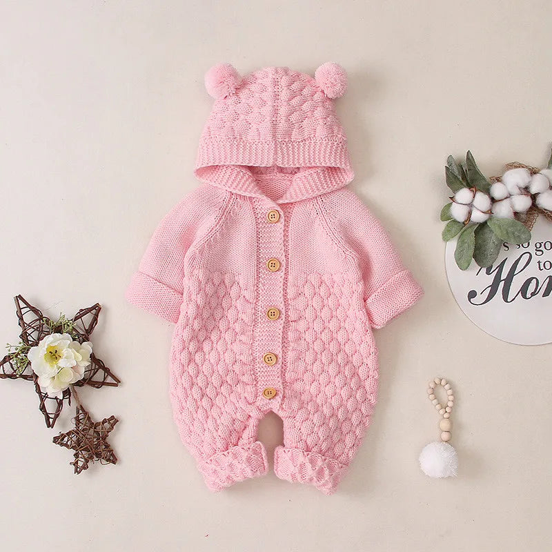 Pudcoco US Stock Baby Warm Rompers Knitting Cotton Soft Hooded 3D