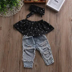 New Fashion Toddler Baby Girls Black Blouse Top Hole Denim Pants