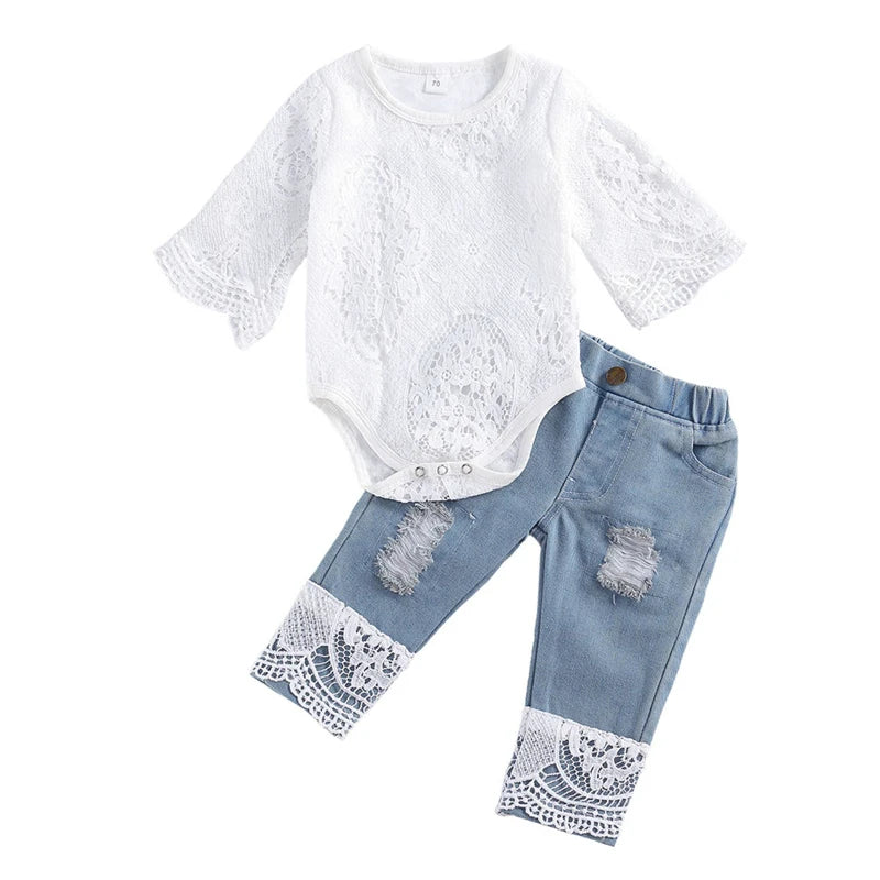 lioraitiin New 0-24M Baby Girls Long Sleeve Lace Romper Suit Triangle