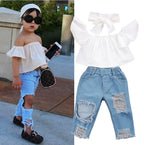 US Stock Fashion Toddler Girls Kids 2-6 Years Set Off Shoulder Tops