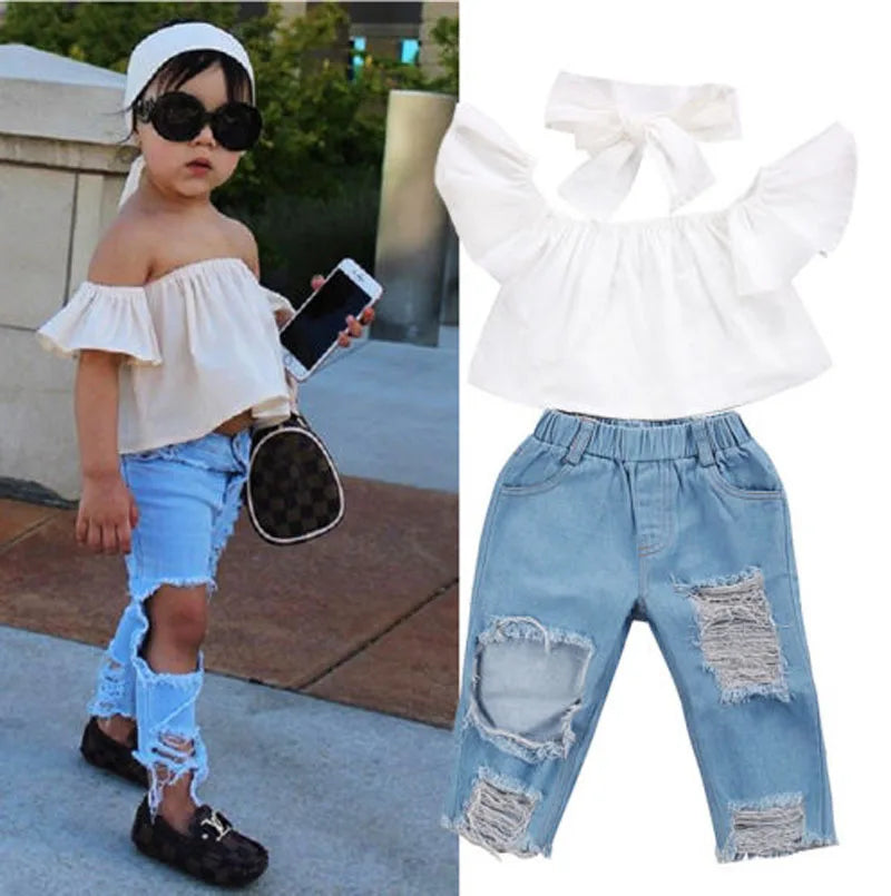 US Stock Fashion Toddler Girls Kids 2-6 Years Set Off Shoulder Tops