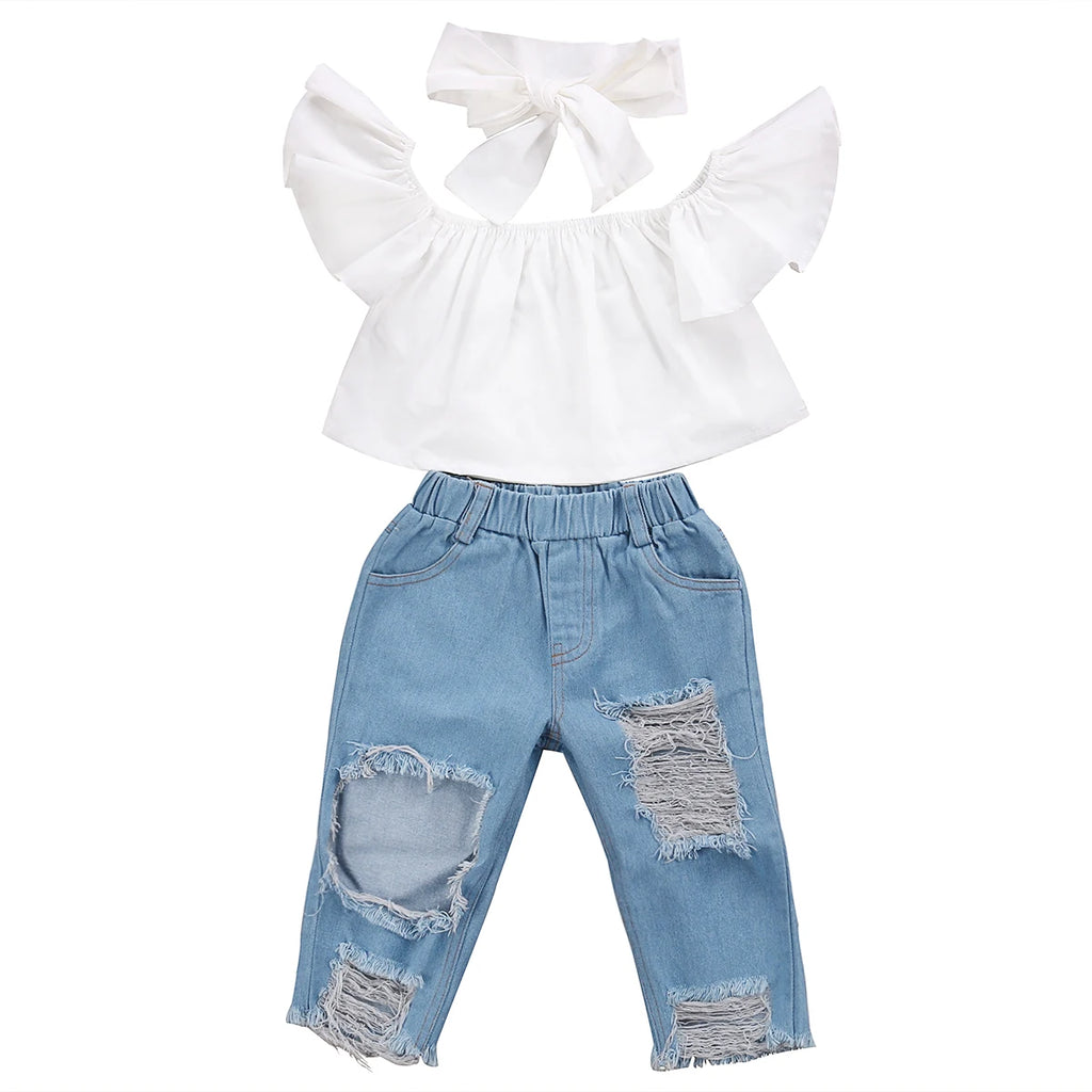 US Stock Fashion Toddler Girls Kids 2-6 Years Set Off Shoulder Tops