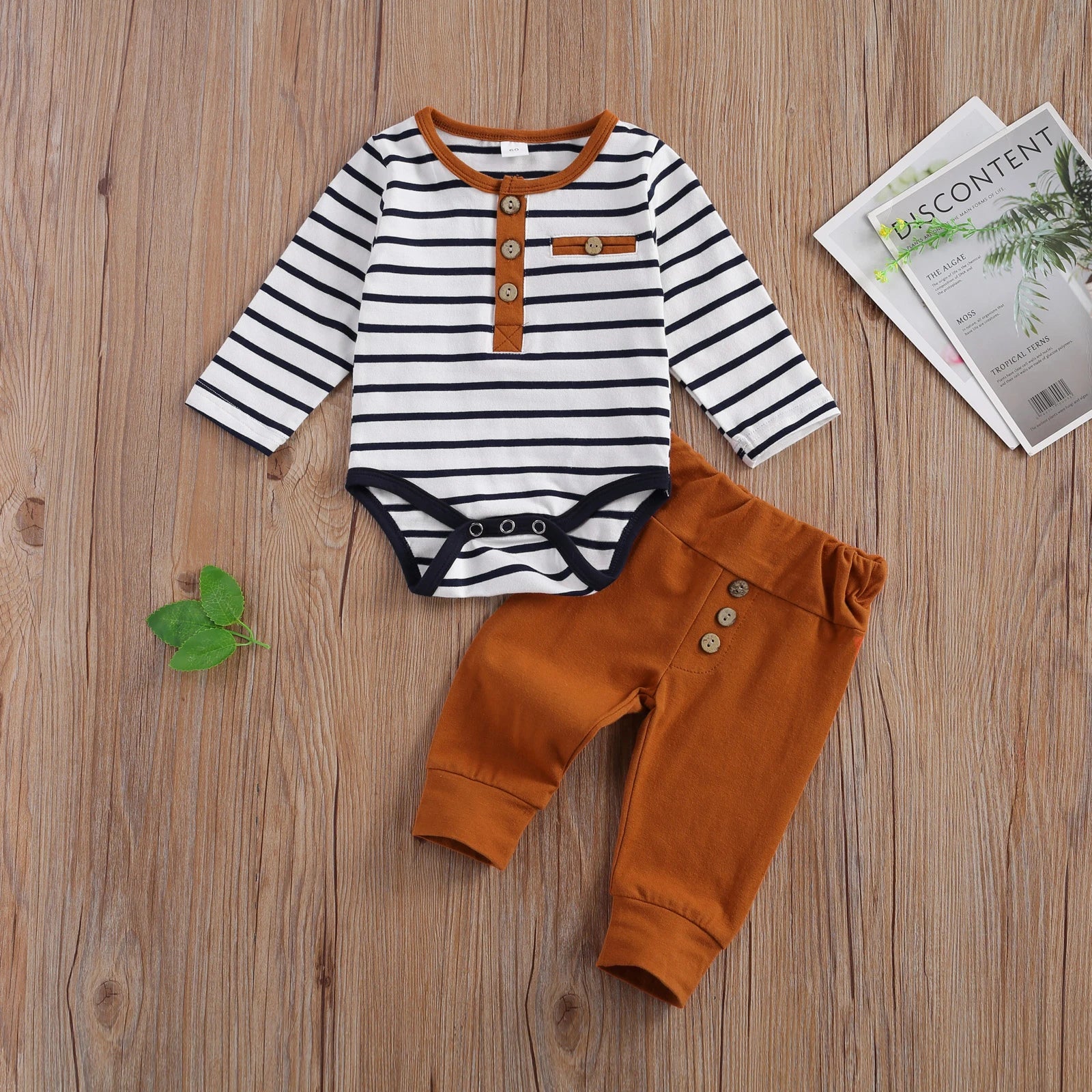 lioraitiin 2 Pcs Baby Boy Girl Suit Round Neck Long Sleeve Stripe