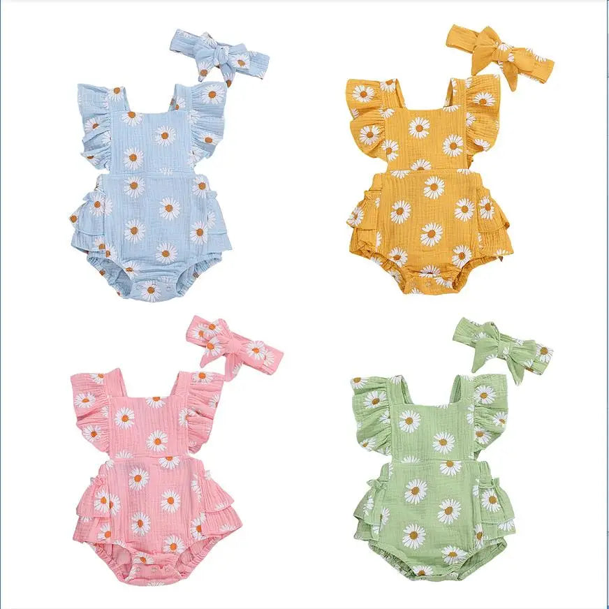 lioraitiin 0-24M 2Pcs Newborn Baby Girl Daisy Printed Romper Off