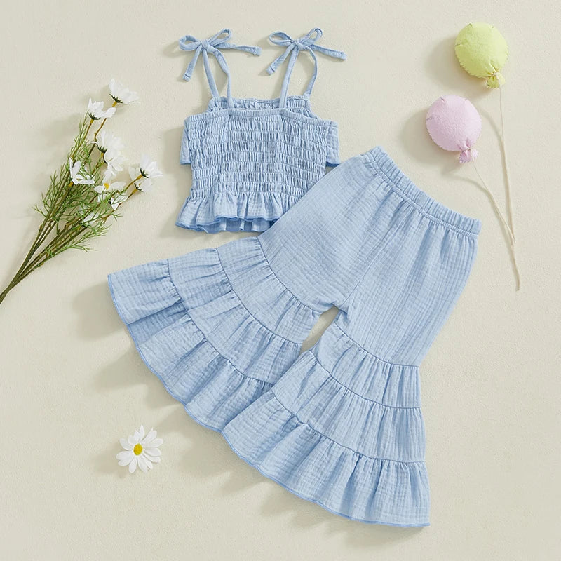Lioraitiin Toddler Girl Set Sleeveless Smocked Lacing Strap Camisole