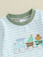 Lioraitiin Baby Boy Romper Embroidered Striped Crew Neck Long Sleeve