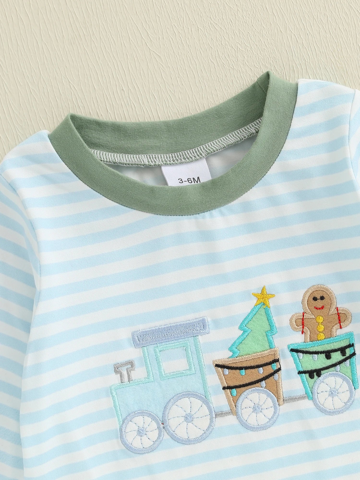 Lioraitiin Baby Boy Romper Embroidered Striped Crew Neck Long Sleeve