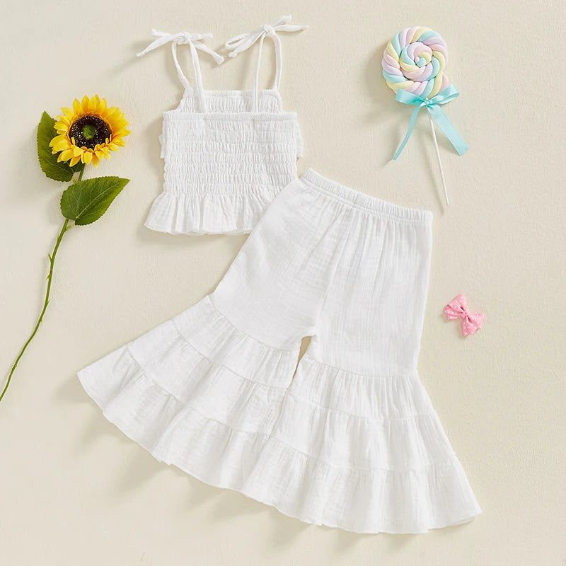 Lioraitiin Toddler Girl Set Sleeveless Smocked Lacing Strap Camisole