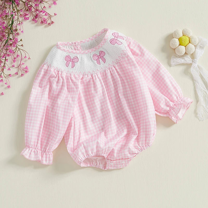 Newborn Baby Girls Cute Romper Bow Embroidery Plaid Long Sleeve