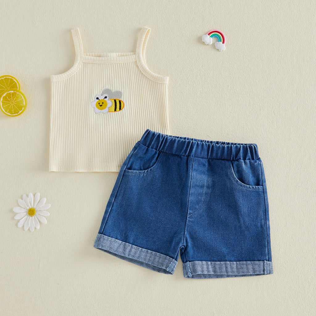 Lioraitiin Toddler Baby Girls Outfit Fashionable Cute Bee Embroidery