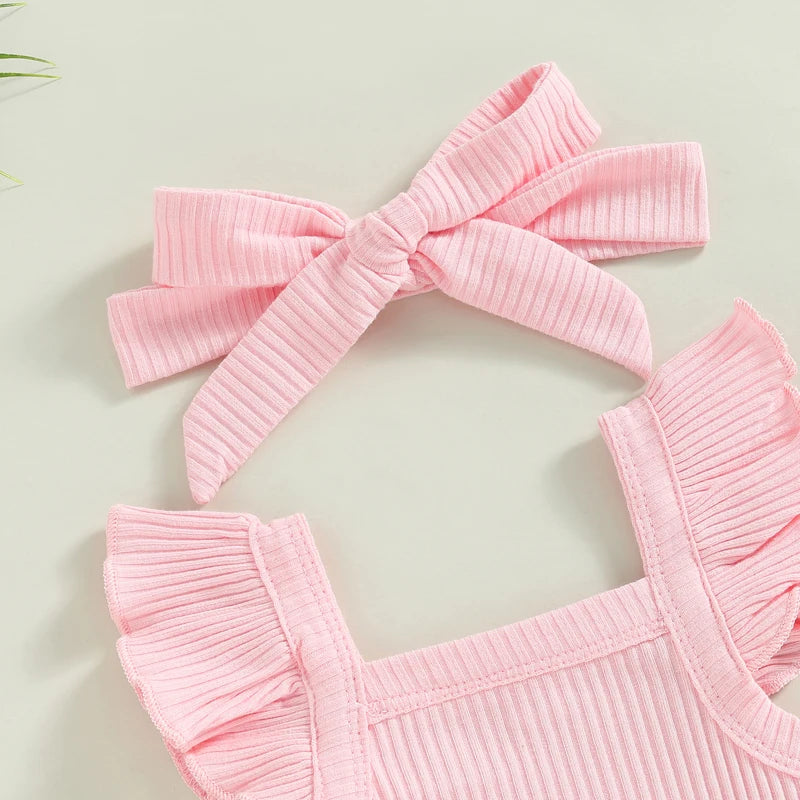Lioraitiin 0-18M Toddler Girls 3Pcs Fly Sleeve Solid Romper Tops
