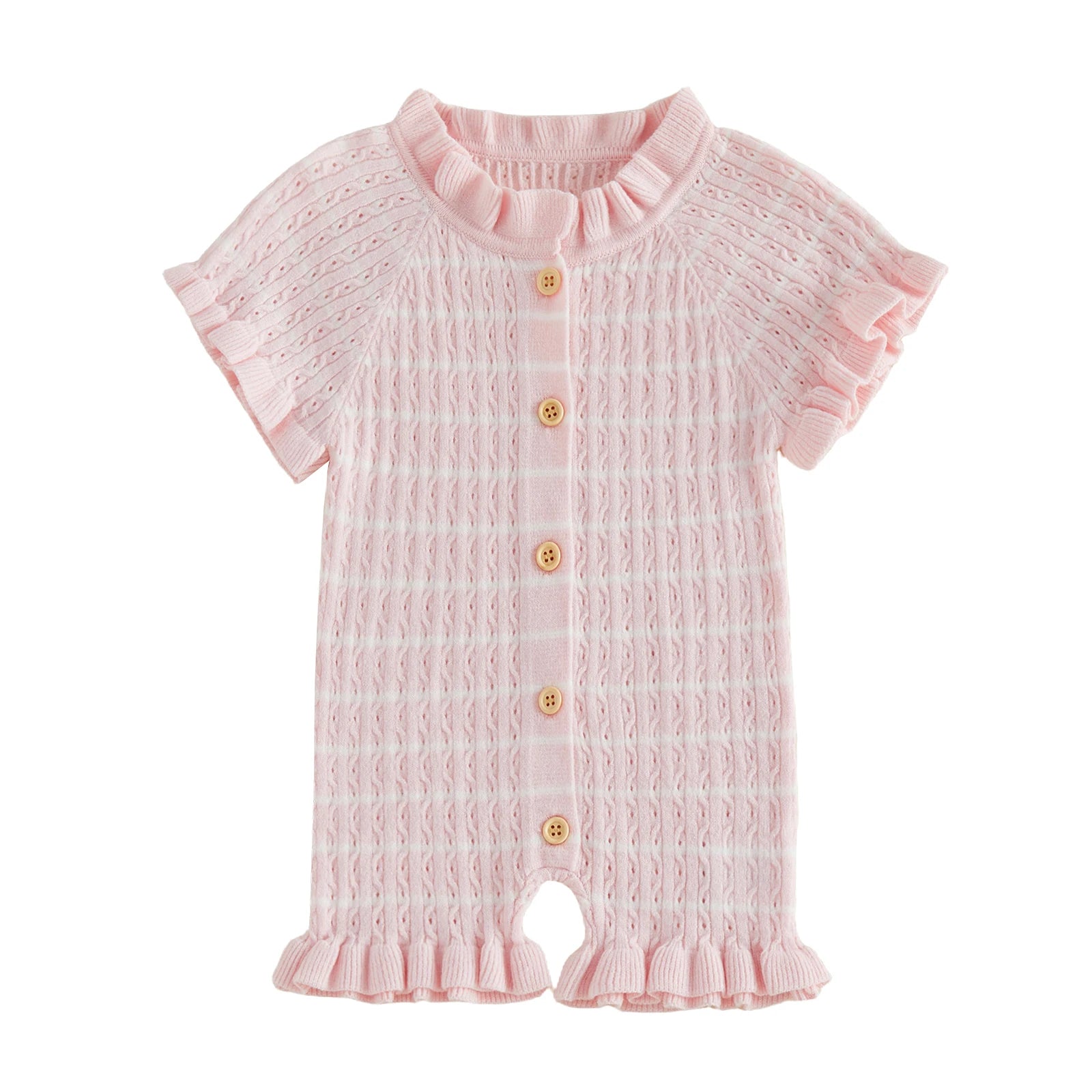 Lioraitiin Newborn Baby Girl Knit Romper Ruffle Trim Short Sleeve