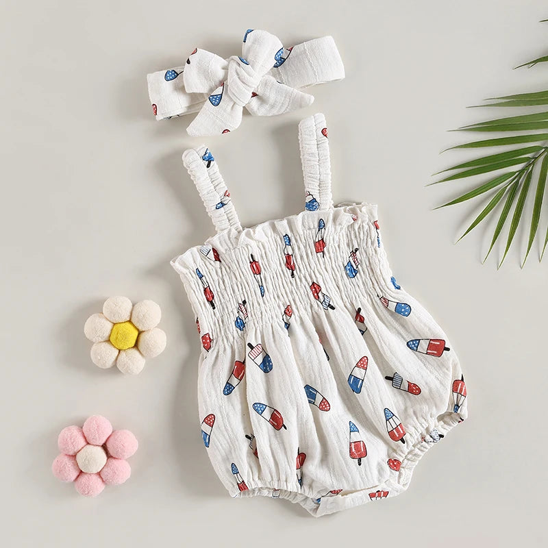 Lioraitiin 0-18M Independence Day Baby Girl Jumpsuit Set Ice Cream