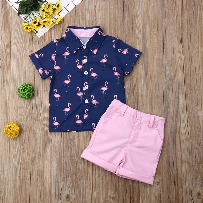 Lioraitiin 1-6Years Toddler Baby Boy Gentleman Flamingo Short Sleeve