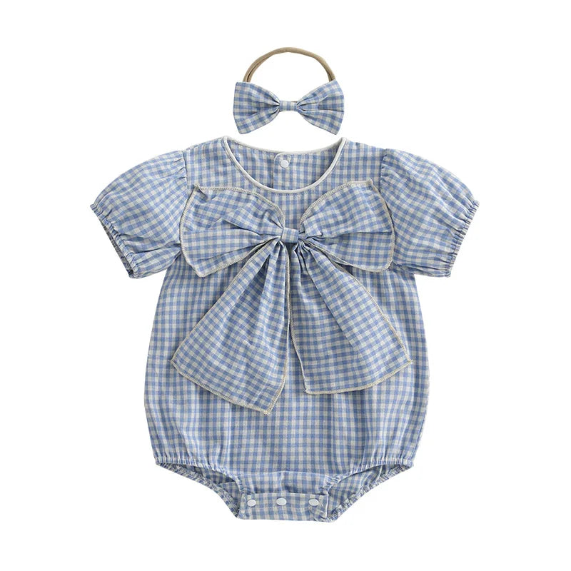 Lioraitiin Baby Girls Sweet Romper Short Sleeve Round Neck Plaid