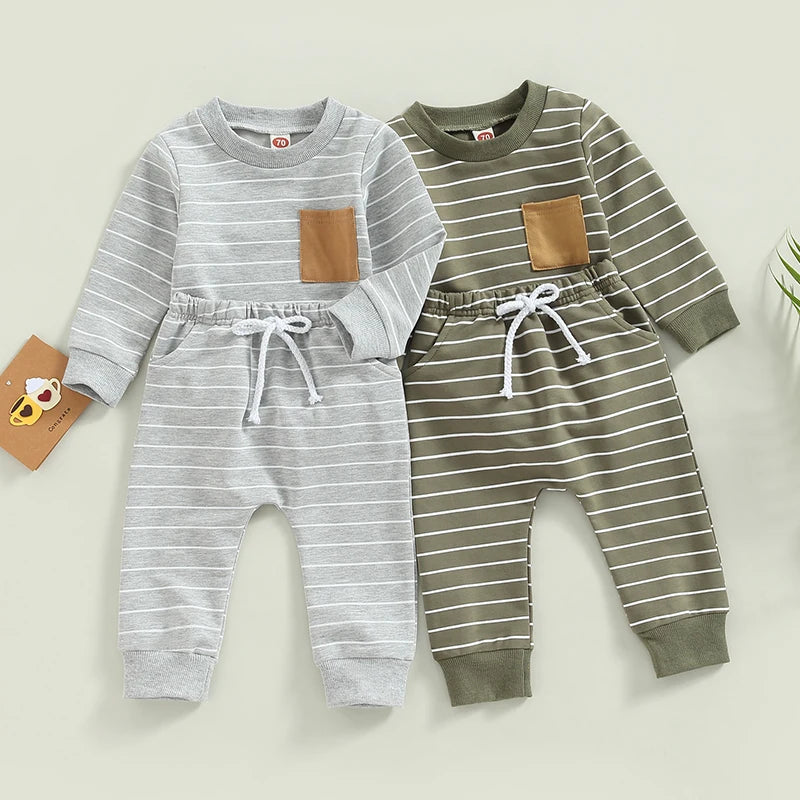 Lioraitiin 0-3Years Baby Boys Pants Set Striped Long Sleeve Crew Neck