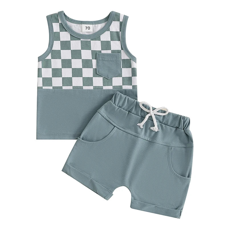 Lioraitiin Toddler Boys Outfits Checkerboard Patchwork Round Neck