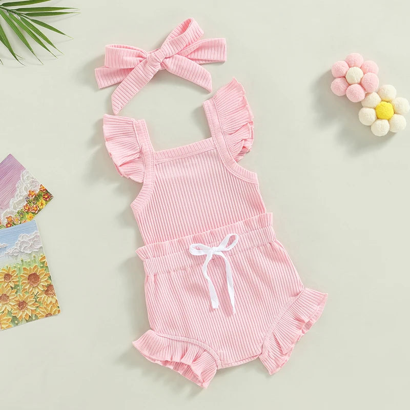 Lioraitiin 0-18M Toddler Girls 3Pcs Fly Sleeve Solid Romper Tops