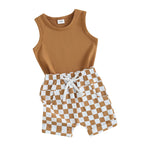lioraitiin Baby Boy Solid Sleeveless Tank Top Checkered Shorts 2Pcs