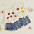 Baby Girls Outfits Floral Strawberry Patch Tank Tops and Ripped Denim