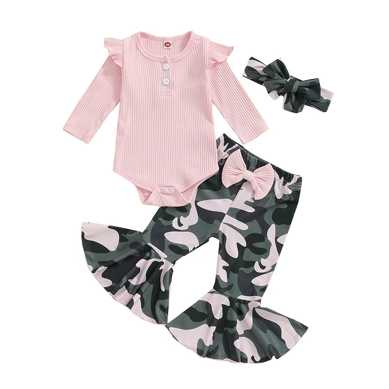 Lioraitiin Baby Girl 3 Piece Outfit, Long Sleeve Ribbed Solid Color