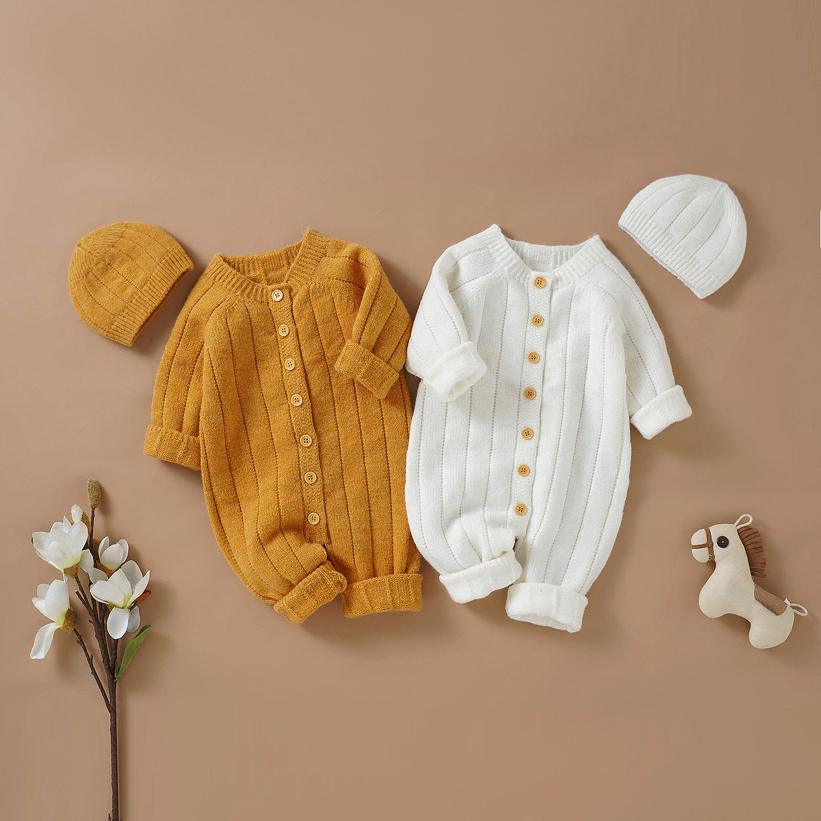 Lioraitiin Infant Jumpsuit and Cap, Solid Color Long Sleeve