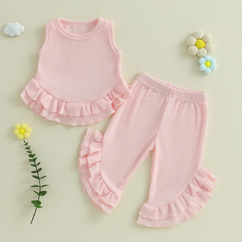 Lioraitiin Toddler Girl Outfits Solid Waffle Round Neck Ruffled Tank