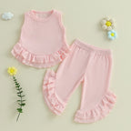 Lioraitiin Toddler Girl Outfits Solid Waffle Round Neck Ruffled Tank