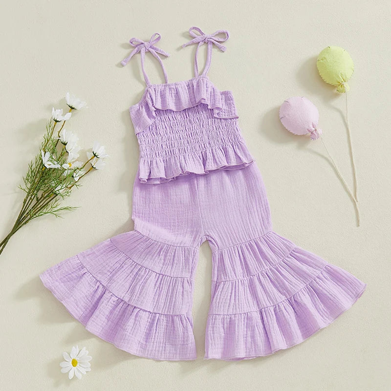 Lioraitiin Toddler Girl Set Sleeveless Smocked Lacing Strap Camisole