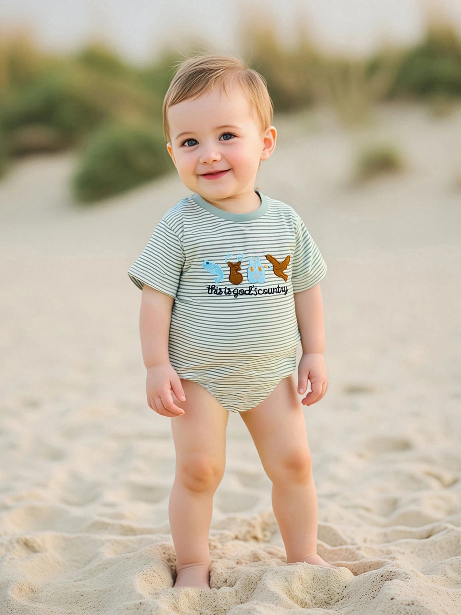 Lioraitiin Baby Boys Rompers Letter Animals Embroidery Stripe O-Neck