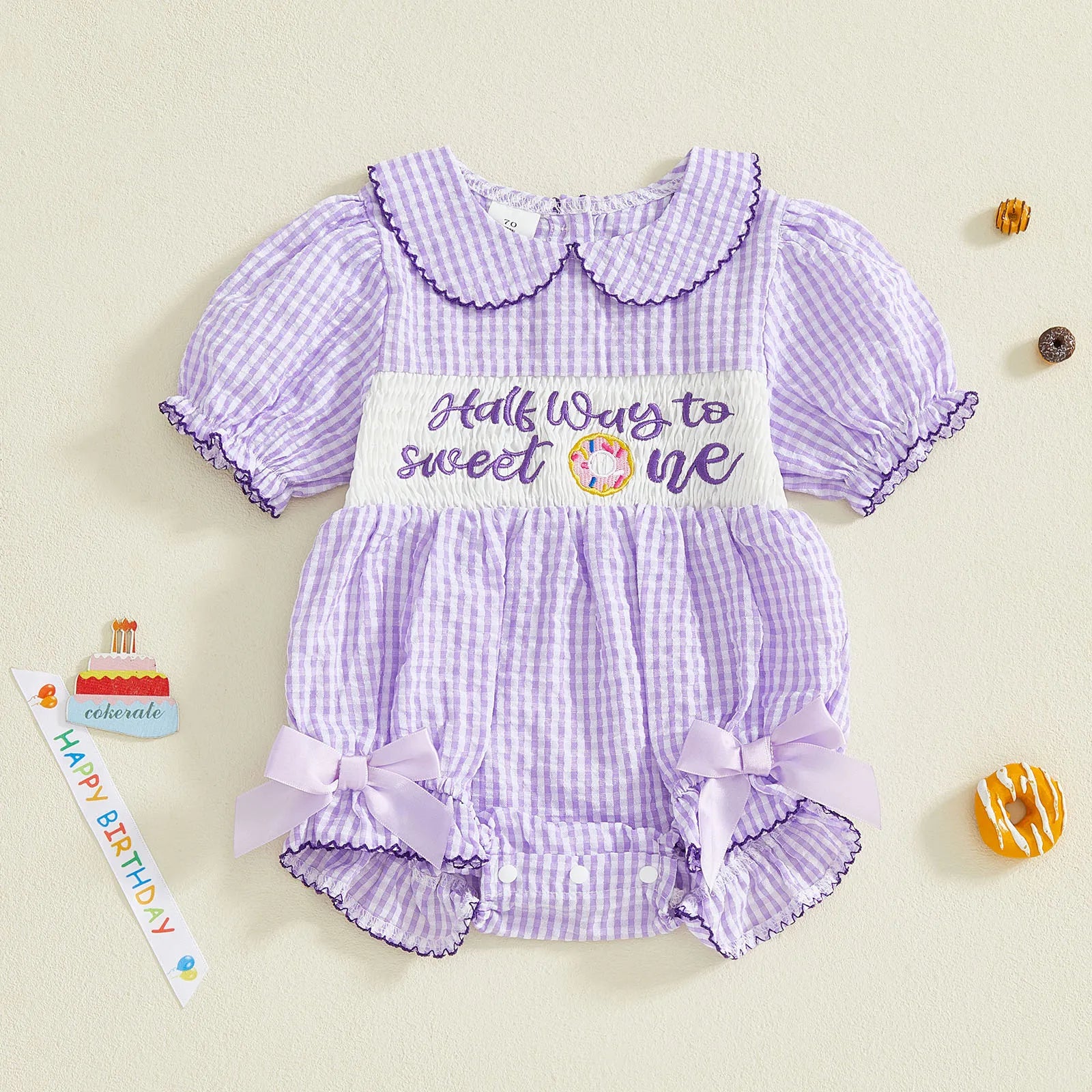 Lioraitiin Baby Girls Birthday Romper Plaid Print Letter Donut