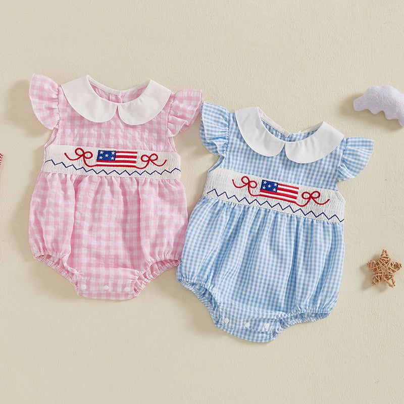 Lioraitiin Newborn Baby Girl 4th of July Romper Ruffle Sleeveless