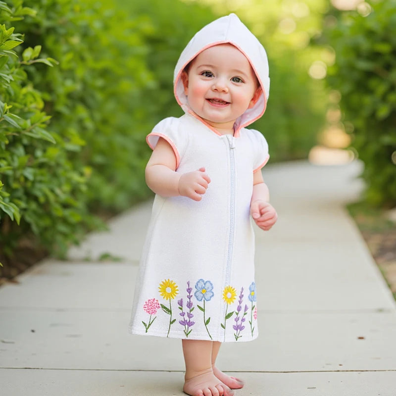 Lioraitiin Kid Girl Hooded Beach Coverup Floral Embroidery Loose Fit