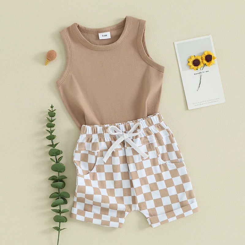 lioraitiin Baby Boy Solid Sleeveless Tank Top Checkered Shorts 2Pcs