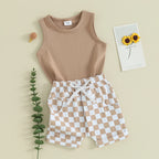 lioraitiin Baby Boy Solid Sleeveless Tank Top Checkered Shorts 2Pcs